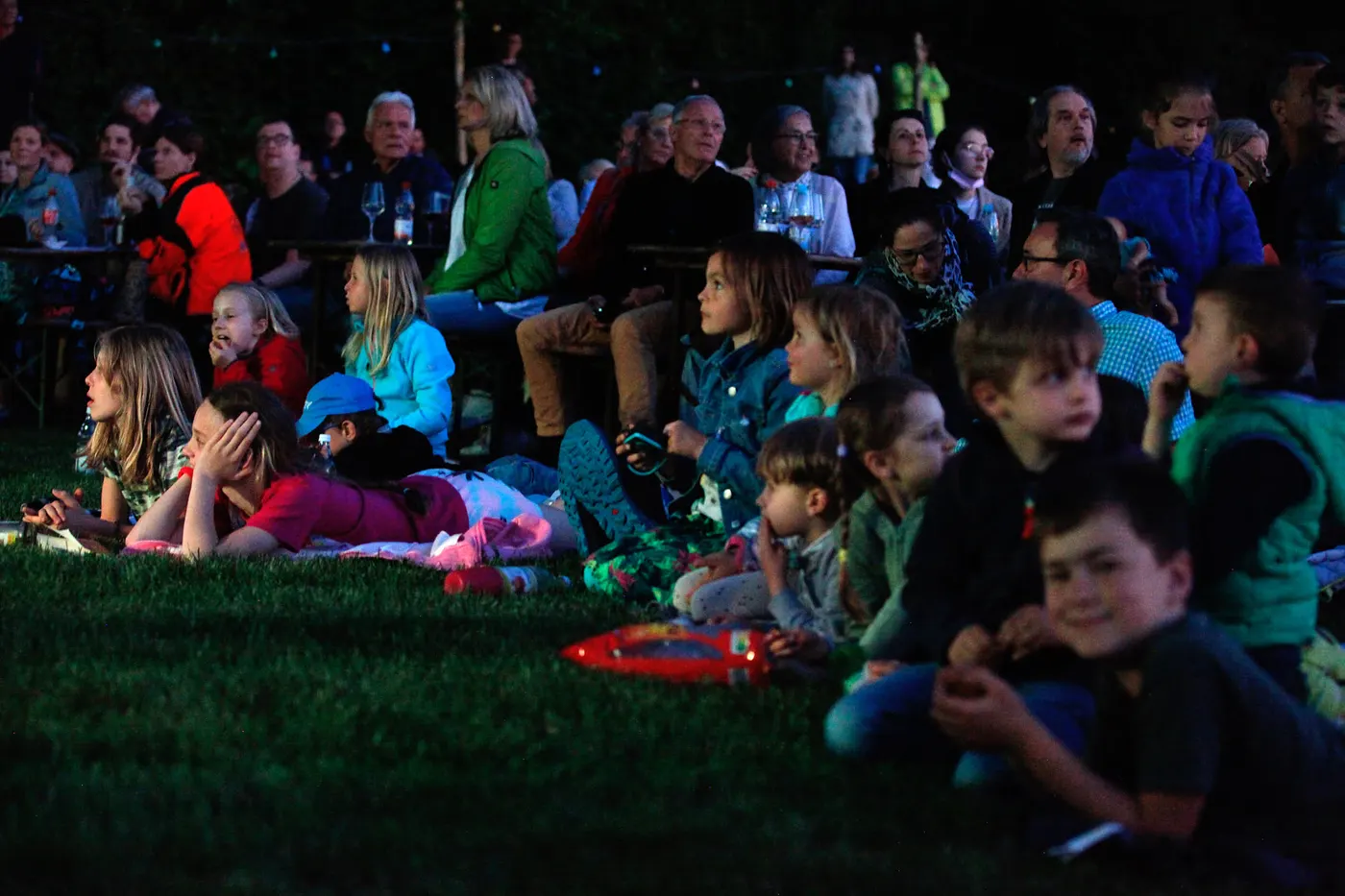 Familien sitzen im Gras und hören einem Konzert im Weinberg zu